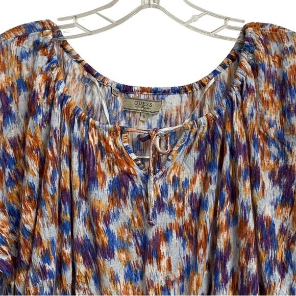 Guess Women's Cold Shoulder Top Size S Ruffle Elastic Waist Tie Neck Y2K Artsy - Picture 3 of 14